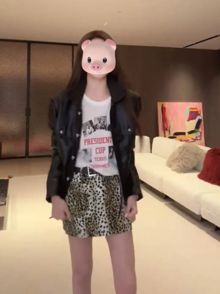 Women's Faion Print ort Sve T-irt And High Waist Skirt Set Leopard Print Spring Summer Outfit College Sle Ensemble