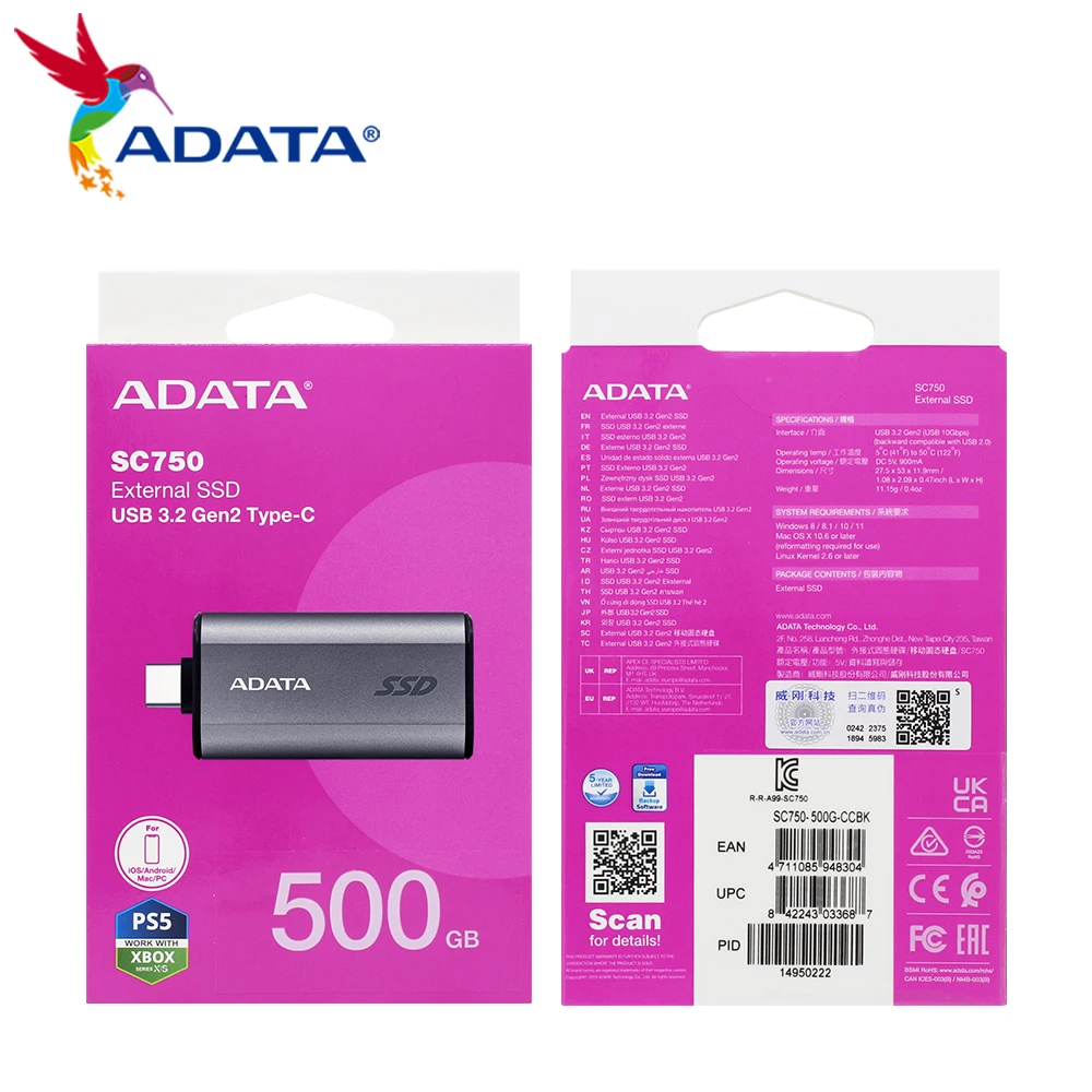 ADATA SC750 высокоскоростной портативный SSD Type-C 3.2 Gen2x2 интерфейс 500 ГБ 1000 ГБ скорость передачи до 1050 МБ/с для настольных ПК PS5