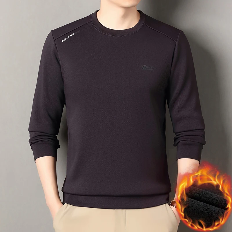 

2025 зимняя новая бархатная толстовка с круглым вырезом для мужчин среднего возраста и молодежи, повседневная теплая футболка с длинными рукавами, базовая рубашка