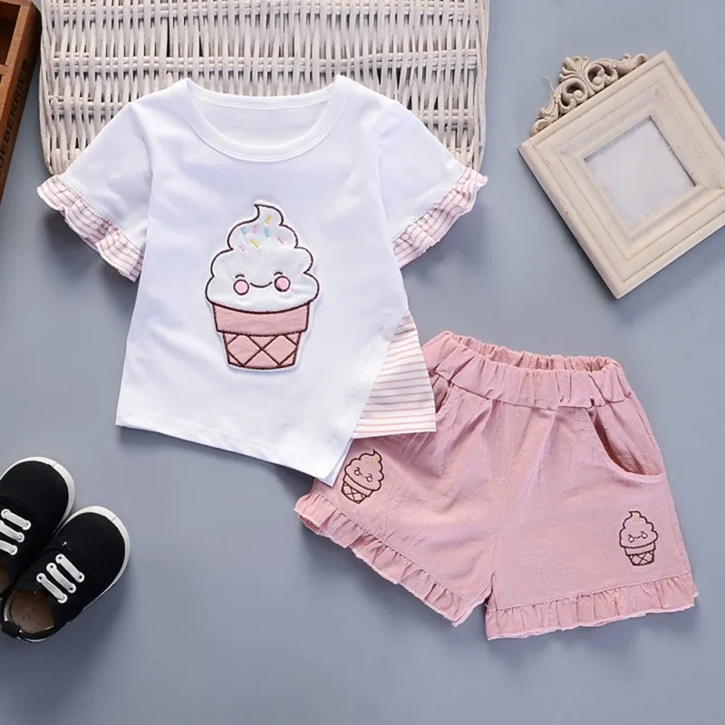 2Pcs Toddler Baby Kids Girls Clothes Set Short Sleeve T-shirt Tops+Shorts Outfit Children Cotton Tops Pants Set