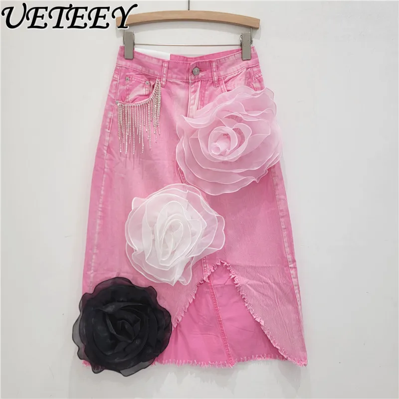 

European American Style A- line Denim Skirt Women's Fashion Irregular Design Tassel Rhinestone Slimming Versatile Midi Skirts