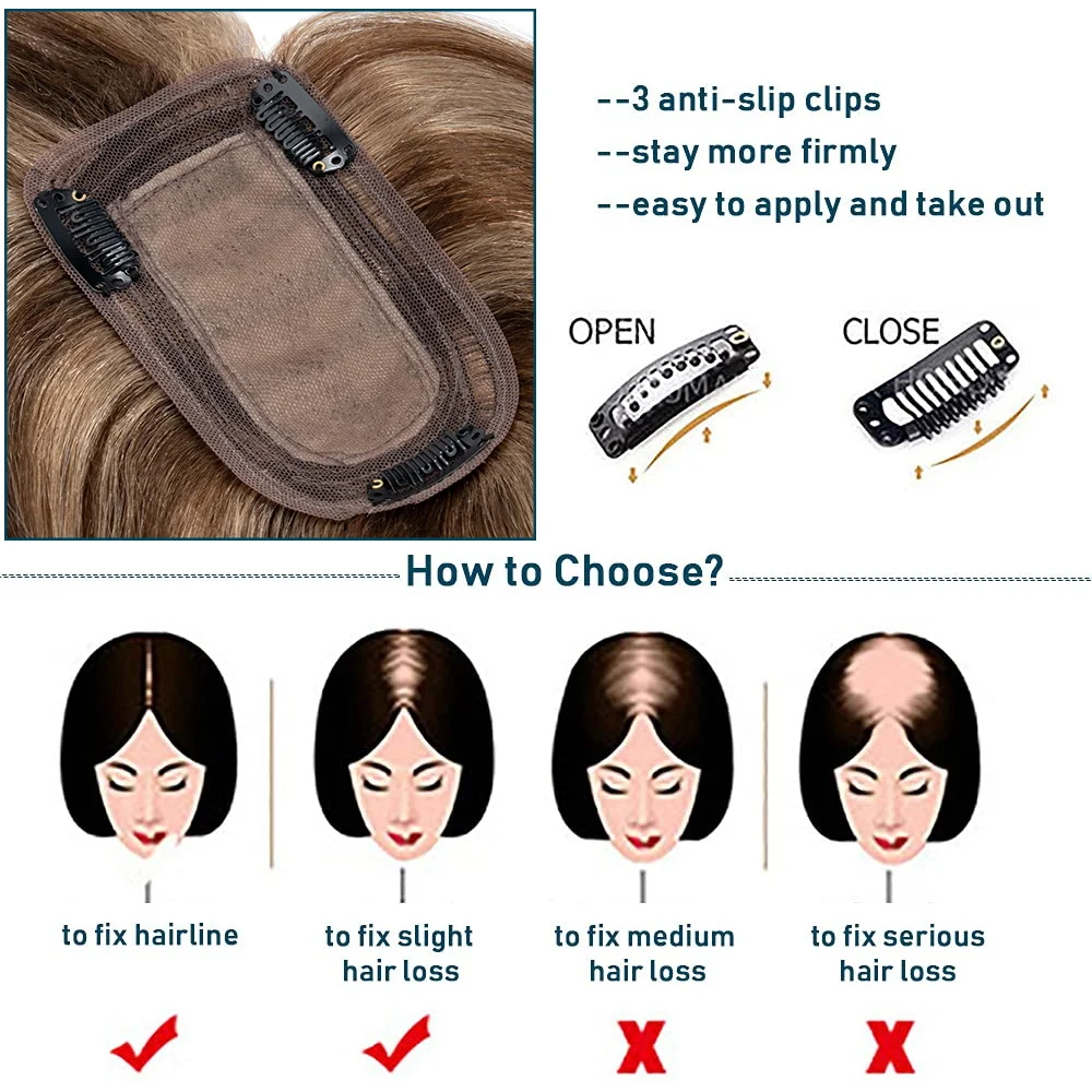 Rich Choices Adornos para el cabello para mujeres Adorno de cabello humano real con flequillo 150% Densidad 7 * 13 cm Clip de base de seda en piezas superiores de cabello