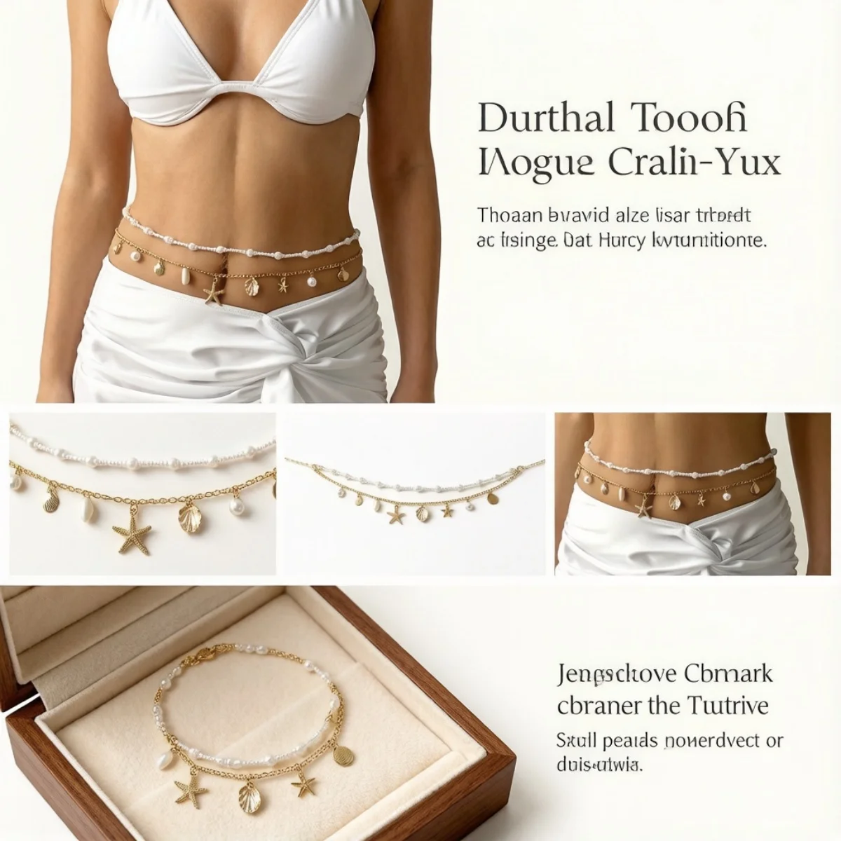 Bohemia Doppellagige Seestern-Muschel-Blütenblatt-Taillenkette für Damen und Herren, Sommer-Strand-Kette mit Imitationsperlen, Bauchkette, Körperschmuck – Detail 3