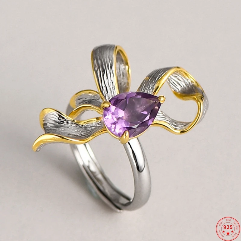 S925 Sterling Silver Rings for Women Men New Fashion Bow Knot Inlaid Natural Waterdrop Shaped Amethyst Jewelry Free Shipping