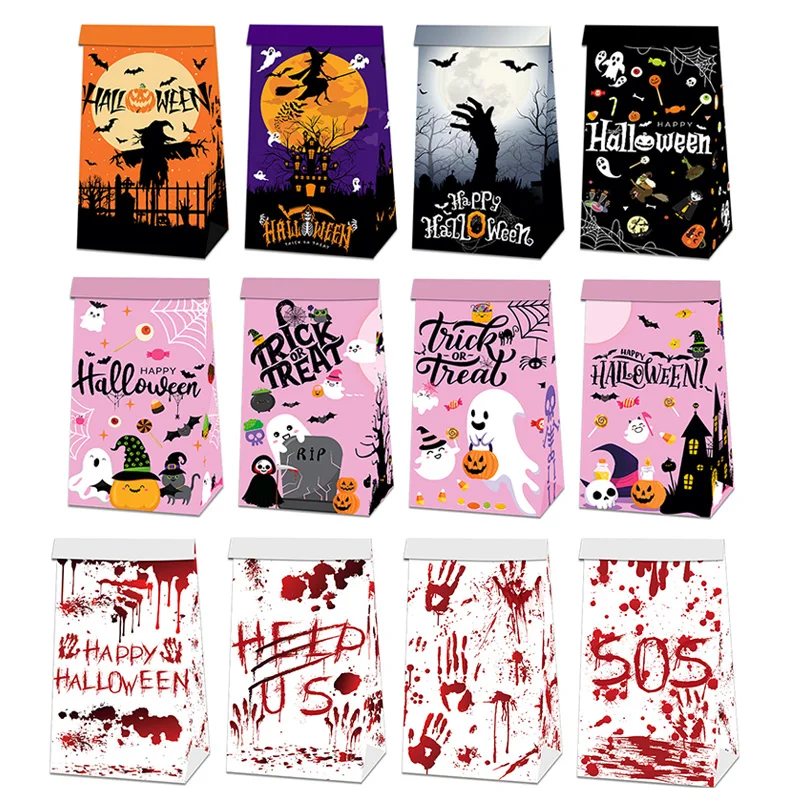 

12pcs Halloween Party Favor Bags with Stickers Trick or Treat Kid's Candy Bags Horror Themed Birthday Party Snack Packaging Bags