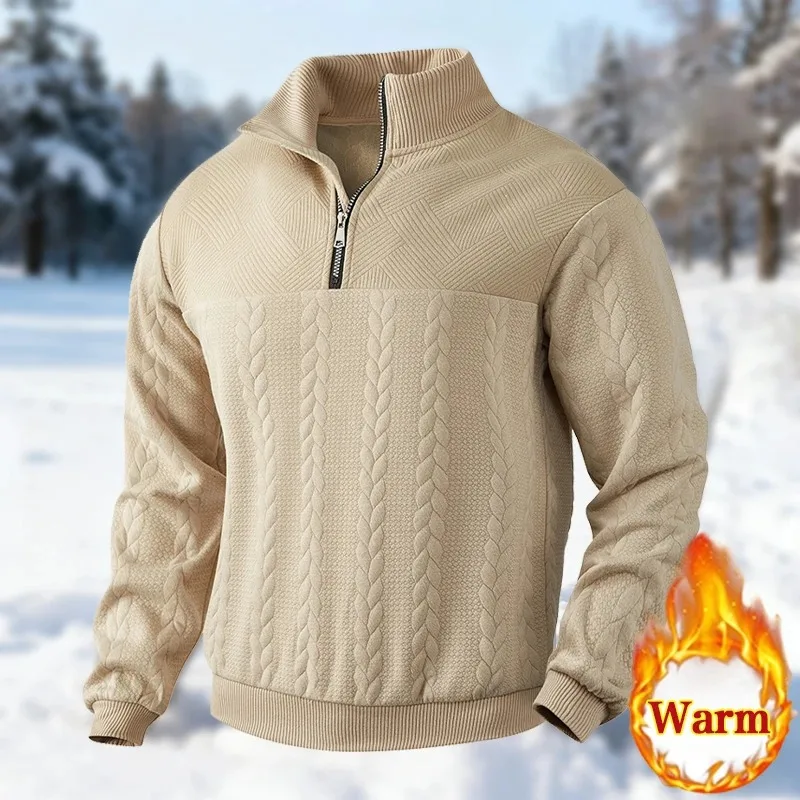 

Men's Casual Long-Sleeved Sweater Stand-up Collar Zipper Pullover Loose Knitted Jacquard Top for Business/ Leisure Autumn/Winter