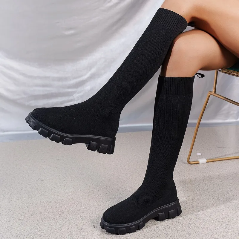 Thick Sole Knitted Long Boots for Women Fashion Elastic Socks Shoes Boots Over Knee Round Toe Low Heels Botas De Mujer 2024