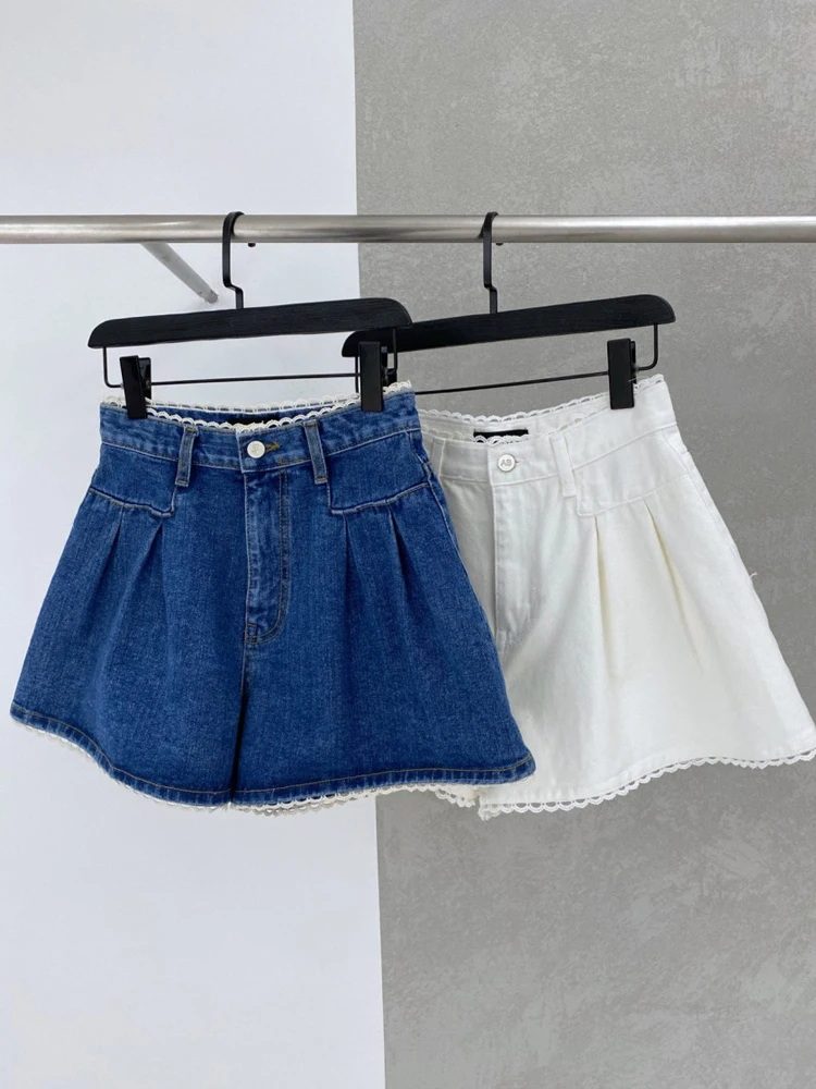 Celana Pendek Denim Wanita Model A-Line Pinggang Tinggi, Kasual, Multi-Fungsi, Aksen Renda, Potongan Lebar