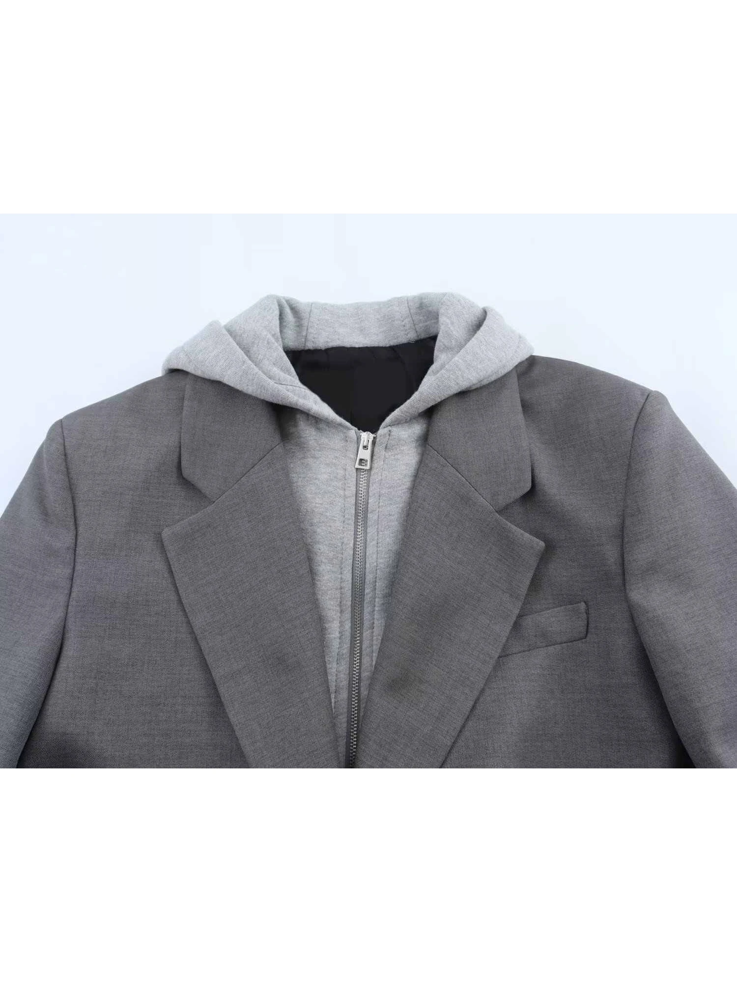 Women Grey Hoodie Patchwork Blazer Coat Fashion Vintage Streetwear Harajuku Loose Long Sleeve Suit Jacket Outerwear Top Clothes