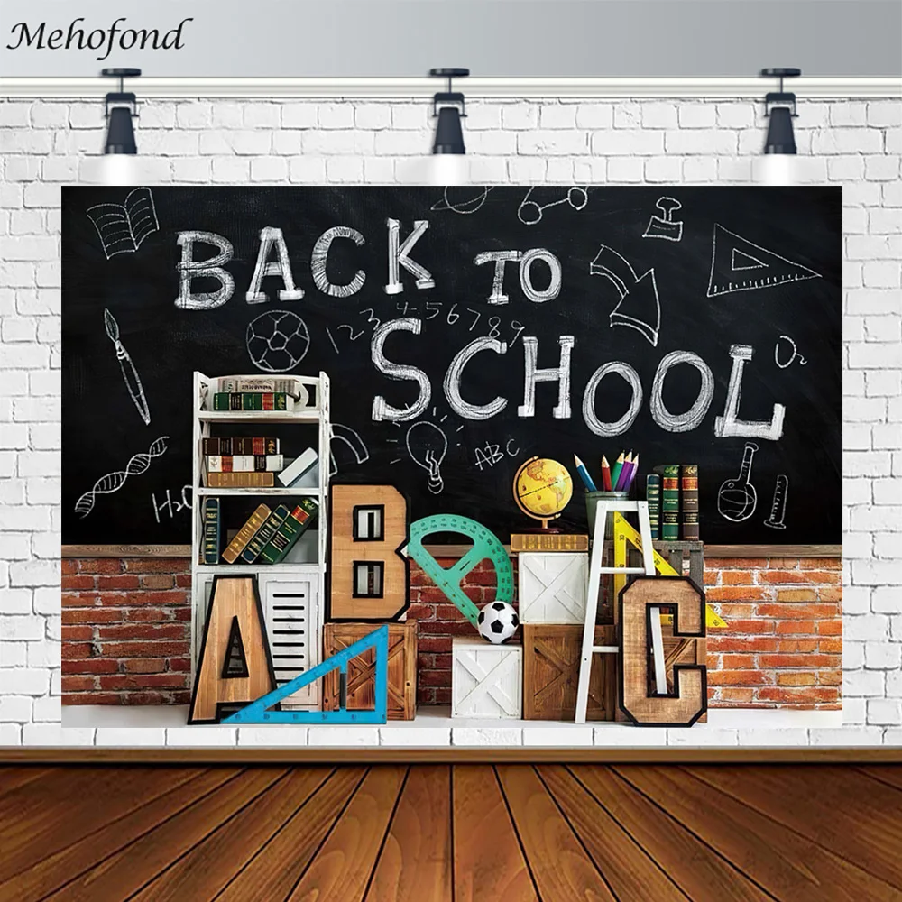 

Mehofond Back To School Backdrop Blackboard Alphabet Globe Math English Bookshelf Decoration Photography Background Photo Studio