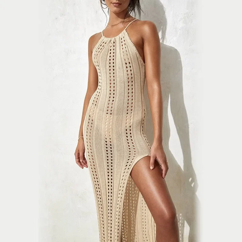 Abiti da festa per le donne Bikini Coverup Beach 2024 Luxury New Strap Dress tinta unita senza maniche in maglia Hollow costume da bagno