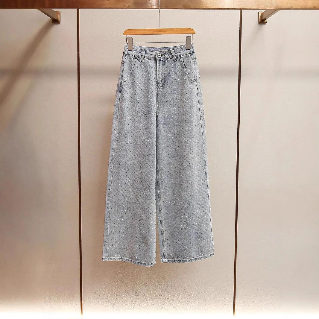 

Women's casual denim trousers high waist wide leg diamond-studded fashionable trousers