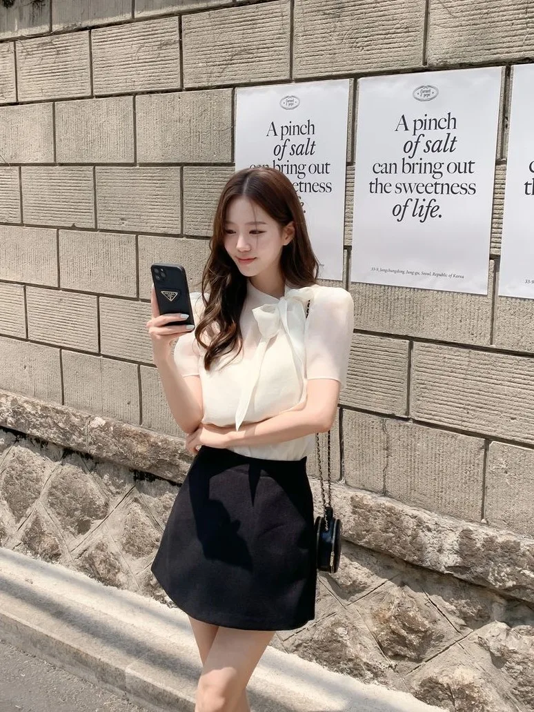 เสื้อชีฟองผูกโบว์ ดีไซน์หวาน สไตล์หลวม ผ้าโพลีเอสเตอร์