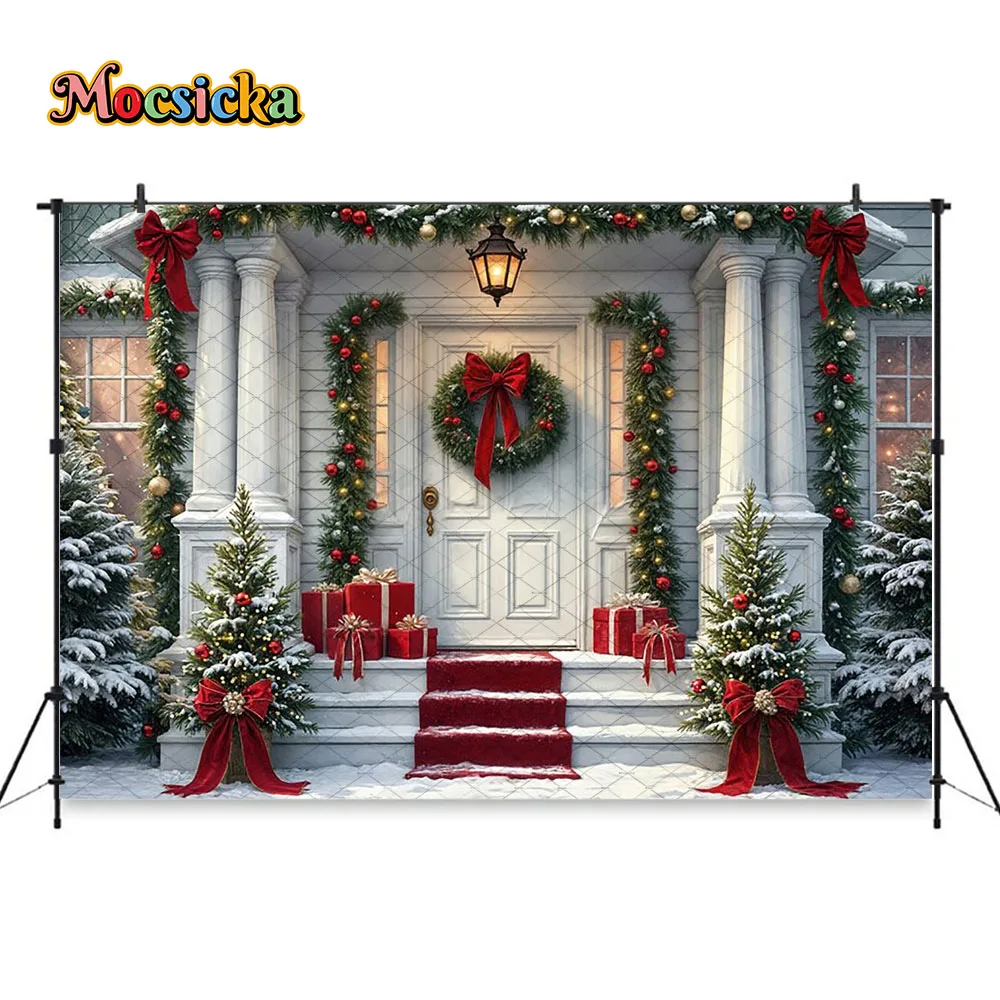 Mocsicka 메리 마법의 베란다 룸 배경 사진 눈 덮인 통로 크리스마스 트리 화환 가로등 배경 겨울 어린이 사진
