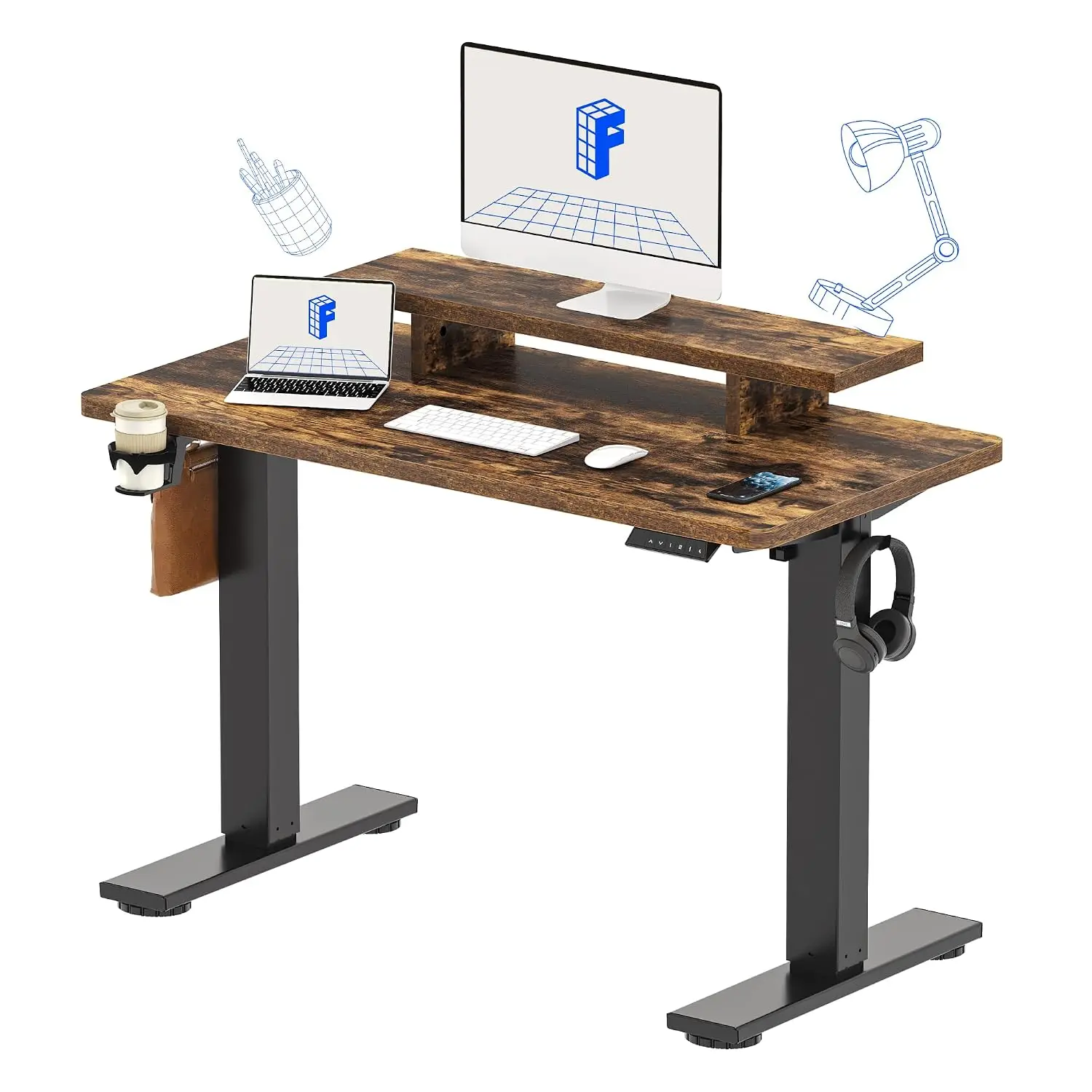 EN2 48"x24" Standing Desk with Monitor Stand Bundle, Rustic Brown | One-Piece Top, Ergonomic Monitor Stand,, Customized