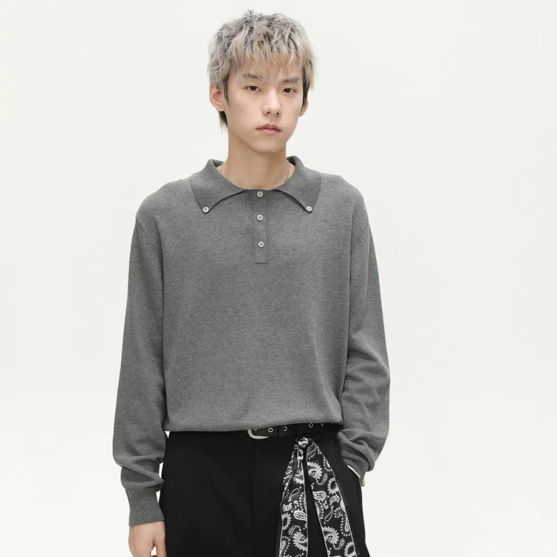 

SYUHGFA 2025 осенний корейский нишевый дизайн, мужские свитера с отложным воротником, однотонные вязаные топы, пуловер, свободные мужские трикотажные изделия
