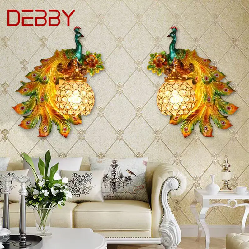 DEBBY Modern Peacock Wall Sconce Lamp LED Creative Devise Crystal Resin Light For Home Living Room Bedroom Porch Decor