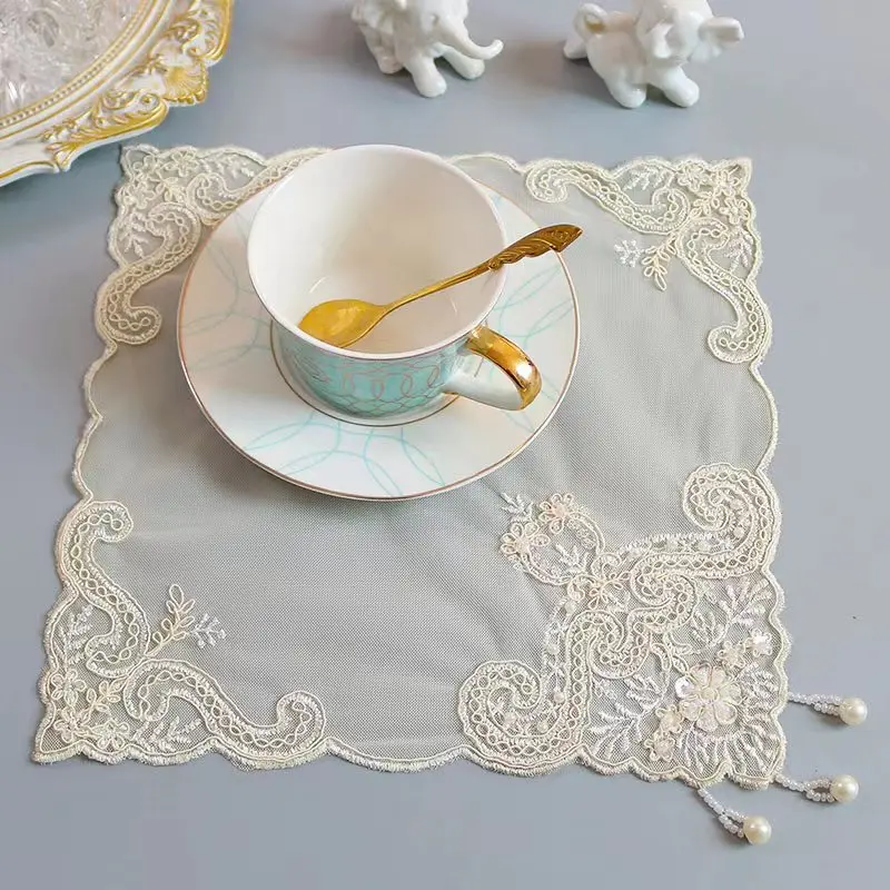 Luxury beige beads flowers Embroidery table cloth cover wedding tablecloth kitchen Christmas Table decoration and accessories