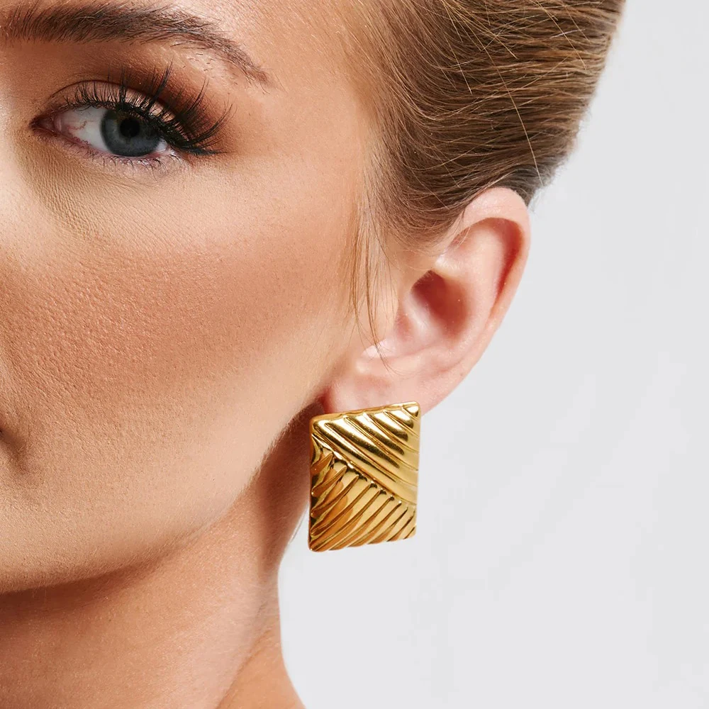 Vintage Stainless Steel Trapezoid Square Wing Geometric Stud Earrings for Women 18k Gold Plated Striped Pleated Texture Jewelry