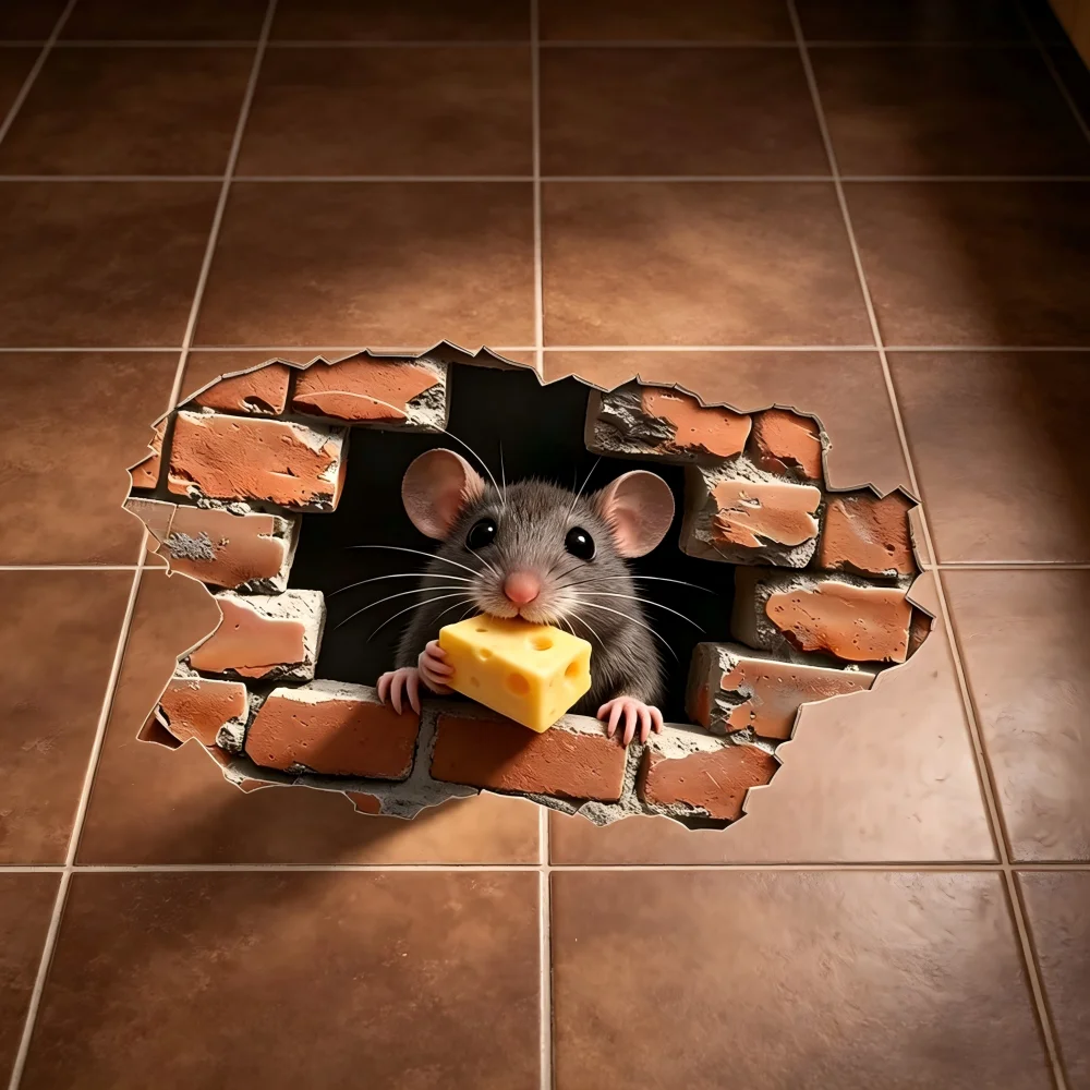 1 cracked wall mouse floor sticker, fun mouse poking its head out floor sticker for home decoration