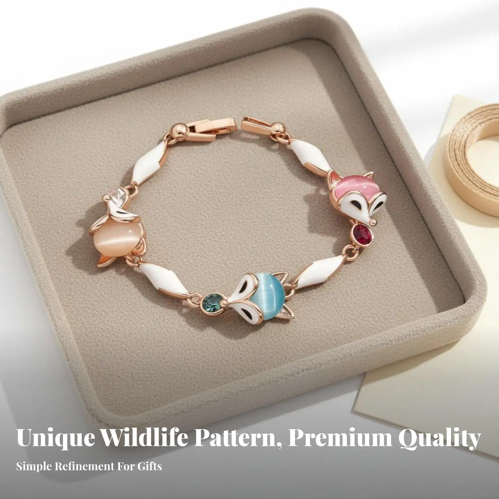 Adorable Fox Bracelet Rose Gold Tone Glowing Cat Eye Stone Beads Animal Charm Jewelry for Girl Woman