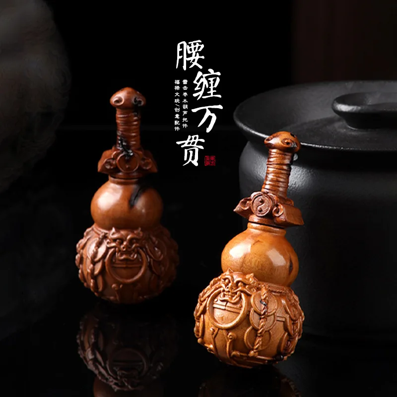 

2026 Mini Gourd Sword Holder Ornament Lightning Struck Jujube Wood Carved Copper Coin Hand Piece Creative Solid Wood Portable Je
