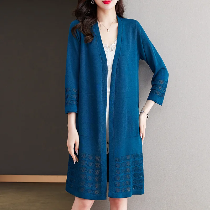 Mid-Length Ice Silk Outer Tops Small Western Style Air Conditioning Shirt Spring and Autumn Knitted Cardigan Coat with