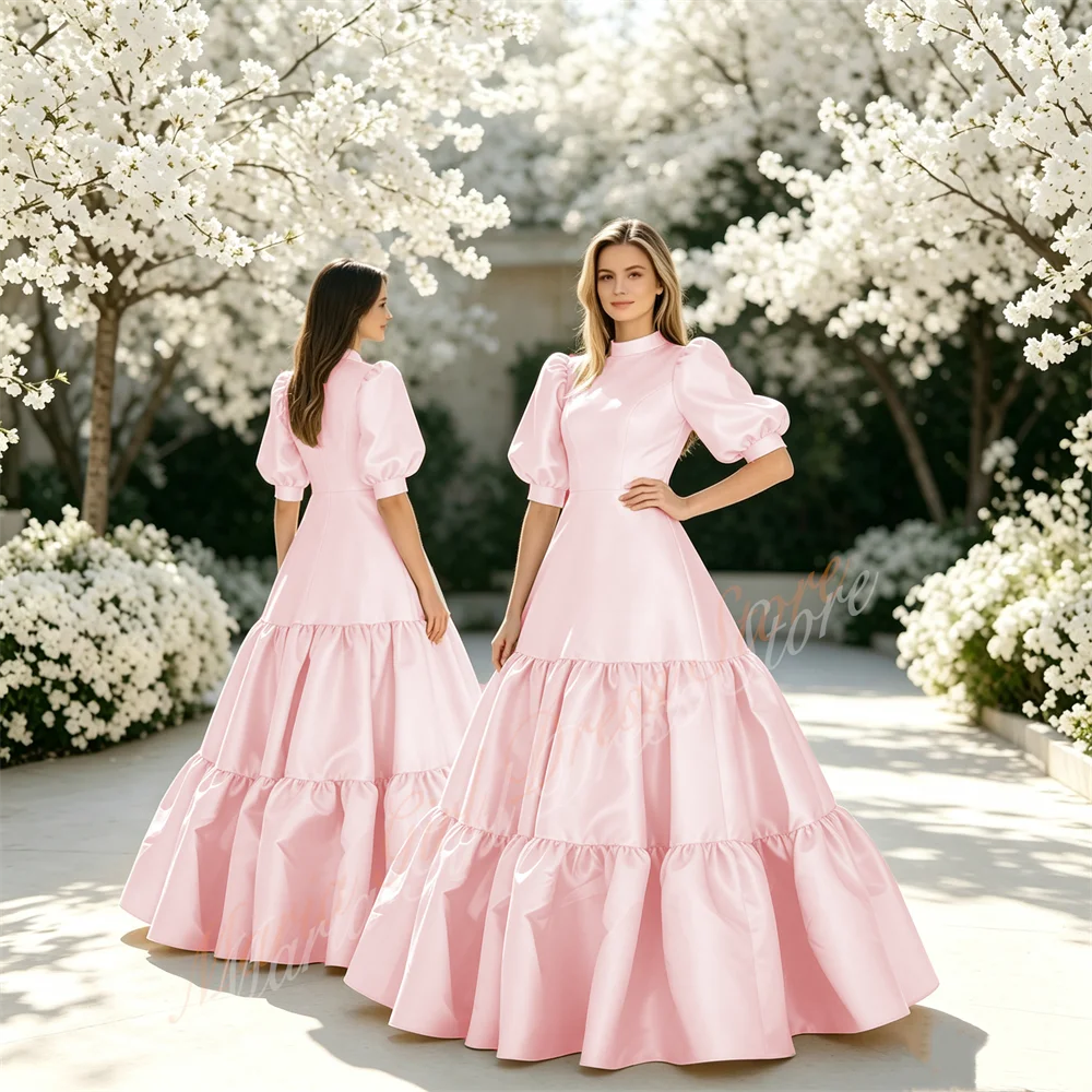 Custom Women's Satin Prom Dress Luxury High Neck Puff Sleeve Formal Evening Gown Long Style for Young Girls Party Dress