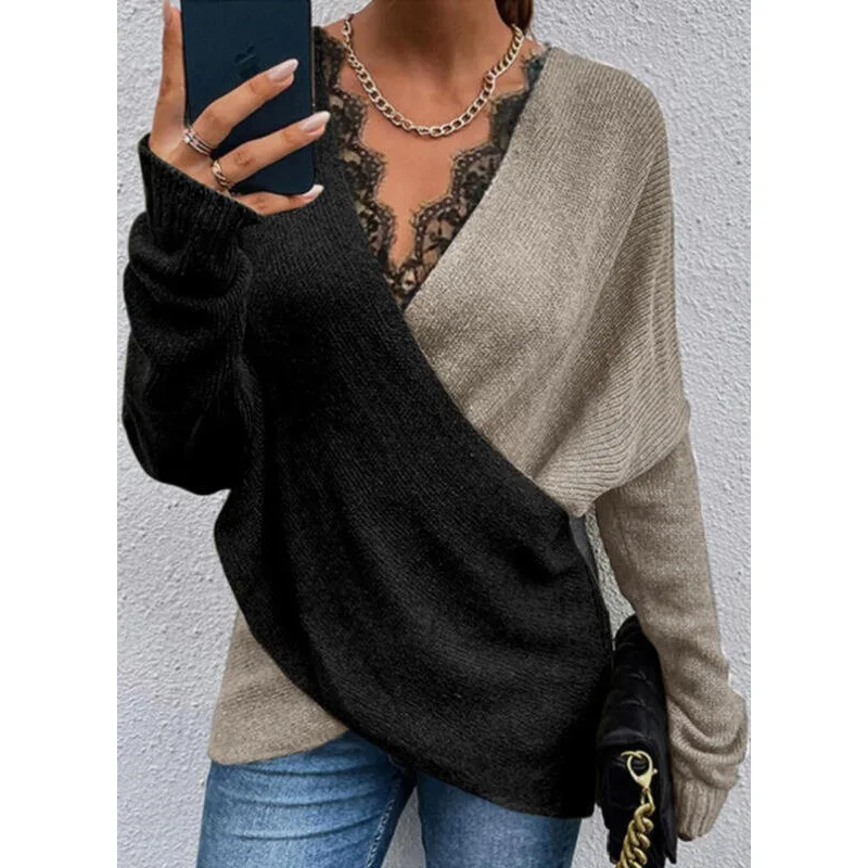 Jumpers Patchwork Long Sleeve Autumn Y2K Knitted Sweater Color-Block V Neck Loose Pullover Women Lace Pullover Sweater