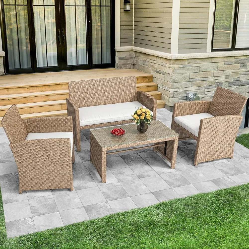 4-Piece Patio Bistro Set, All-Weather Outdoor Patio Furniture Rattan Wicker Loveseat Conversation Set with Glass Side Table Soft