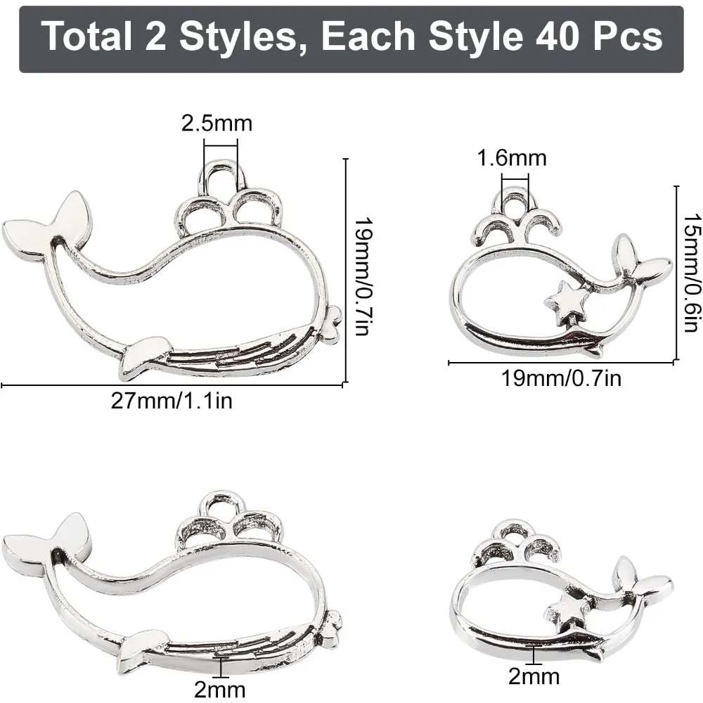 1 Box 80Pcs 2 Style Whale Bezel Charms Alloy Open Back Bezel Pendants for Bracelet Necklace Earrings Jewelry Making Silver kit