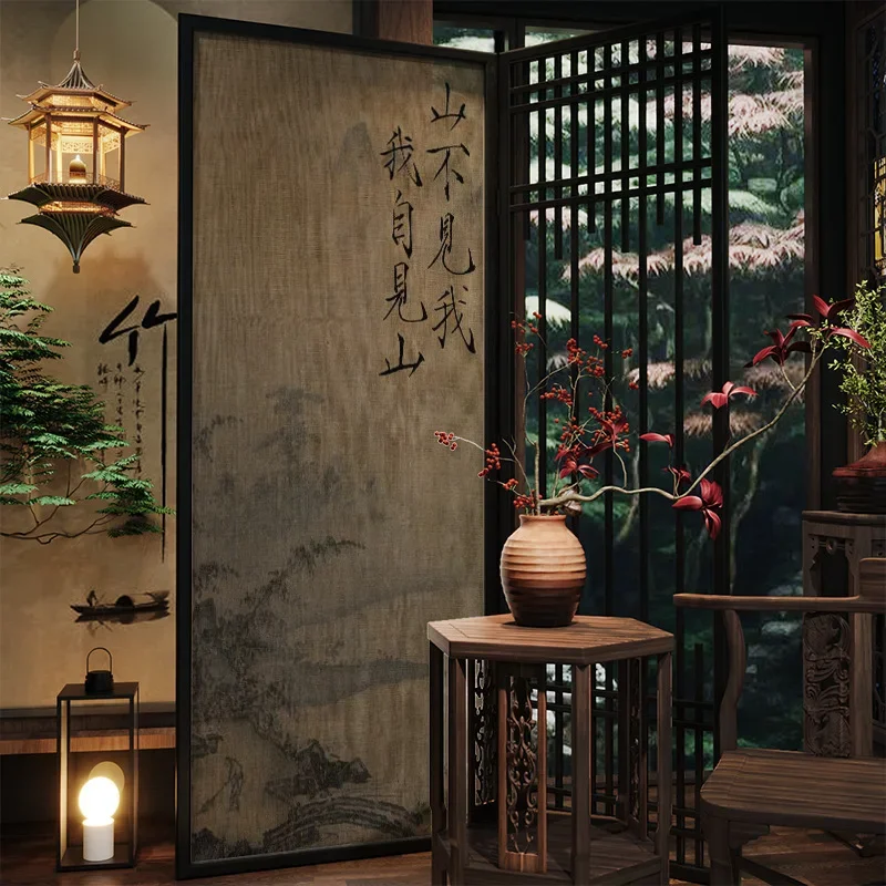 New Chinese screen partition living room entrance hotel tea room background wall decoration solid wood mobile folding screen lan