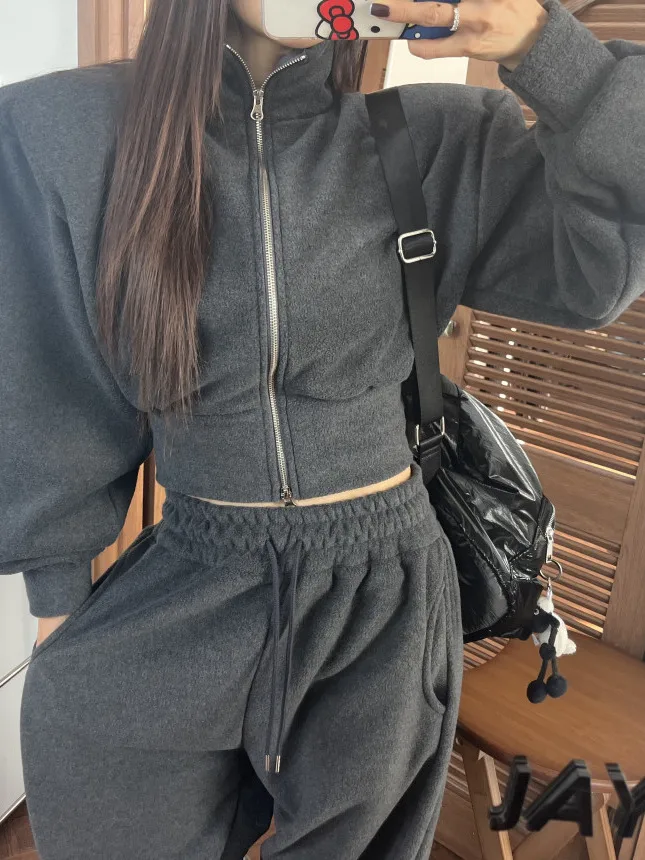 Chic Zipper Long Sleeve High Waist Belted Casual Particle Fleece Set Women's Fashionable Stand Collar All-Match Street Style