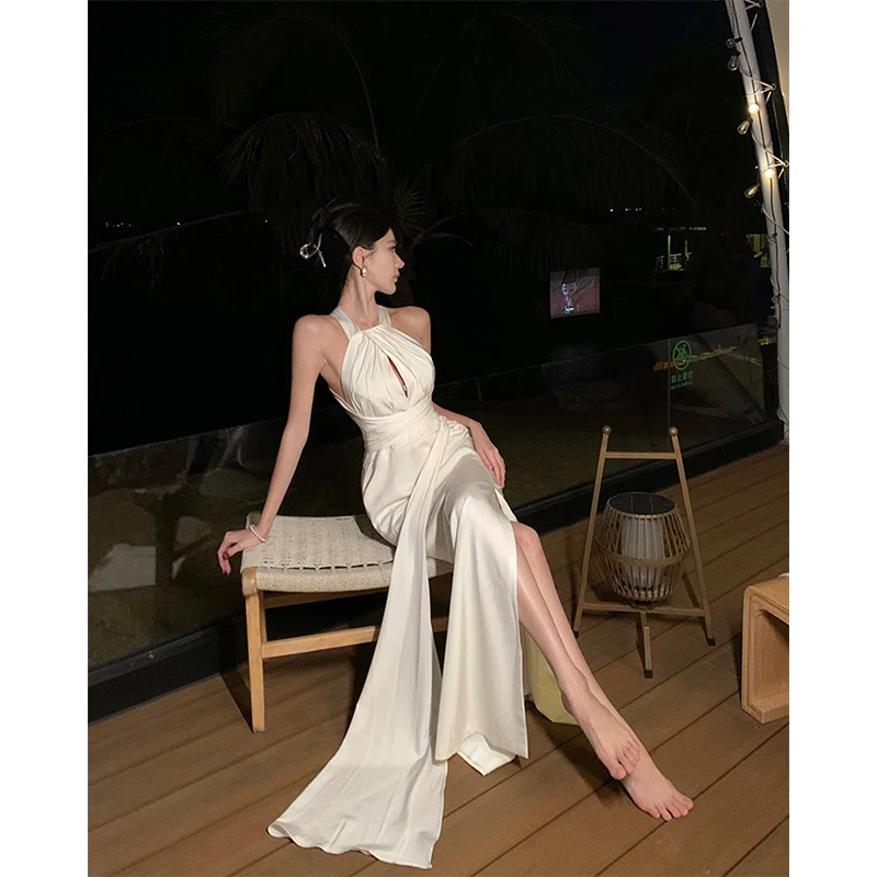 Elegant ซาตินสีขาว Midi ชุดผู้หญิงแฟชั่น Party Prom เซ็กซี่ Halter ชุดเดรสฤดูร้อนเกาหลี Backless Bodycon Vestidos