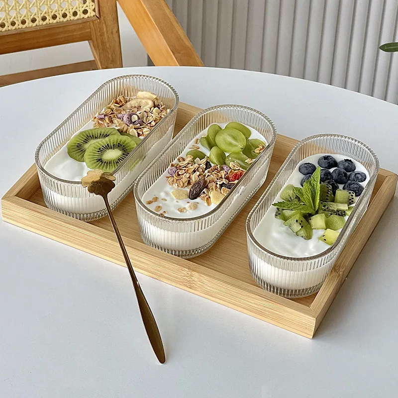 1pc Glas Schüssel mit Bambus Holz Deckel Hafer Joghurt Lebensmittel Behälter Obst Salat Schüssel Home Party Vorspeise Teller