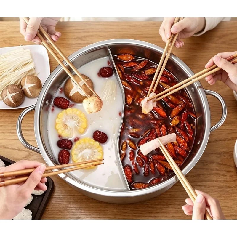 28cm Stainless Steel Divided Double Hot Pot Gas Stove Compatible Chinese Soup Cooking Pot Kitchen Cookware