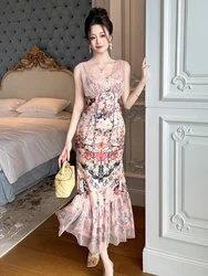 Holiday Sexy Pink Floral Vacation Evening Dress Women Clothes Elegant Sweet Sheer Mesh Fishtail Long Robe Party Prom Vestidos