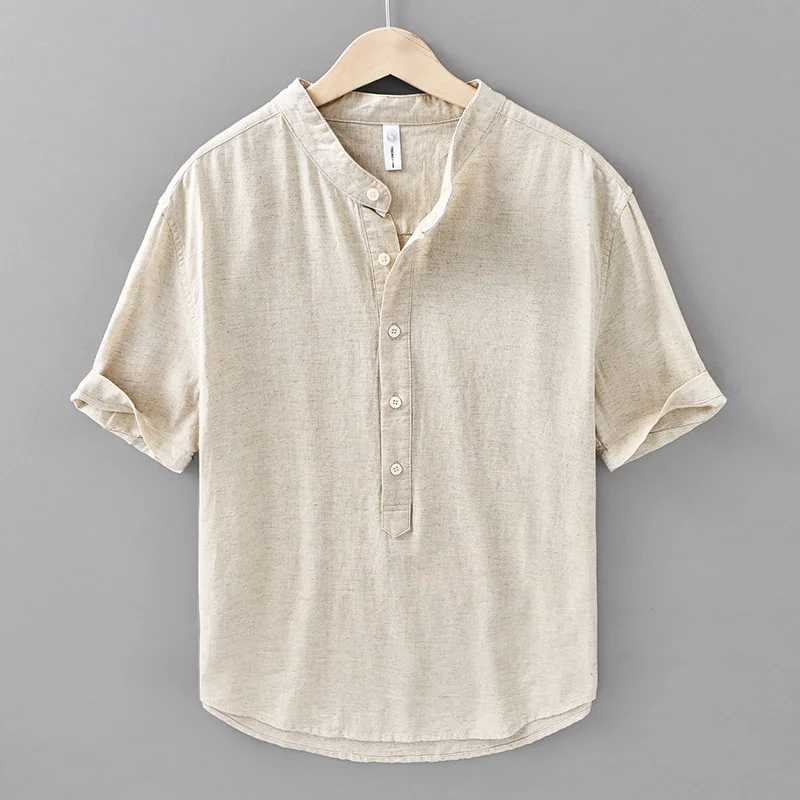 

Men's Linen Cotton Casual irt Summer Thin ort Sve Stand Collar Loose Fit Lightweight Classic Sle Color T-irt