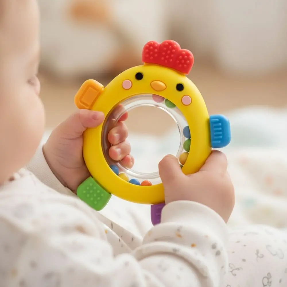 

Cute Silicone Baby Teether with Rattle Chick-shaped Teething Rings Easy Grip Design Soothing Sensory Toy 3-12 Months