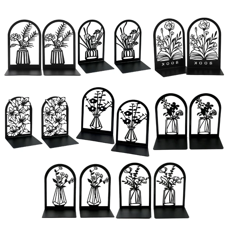 Decorative Metal Bookends Floral Cutout L-Shaped Book Stoppers for Organizing Books, Files, Albums, and Magazines F19E