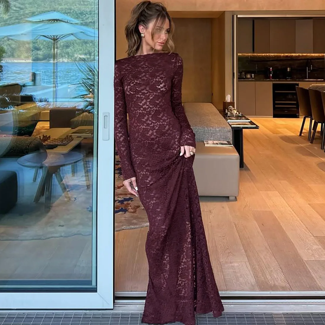 

Burgundy Lace Women Prom Dress Sexy Sheer Full Sleeves Long Sheath Slim Fit Party Gown Daily Casual Holiday Birthday Robe