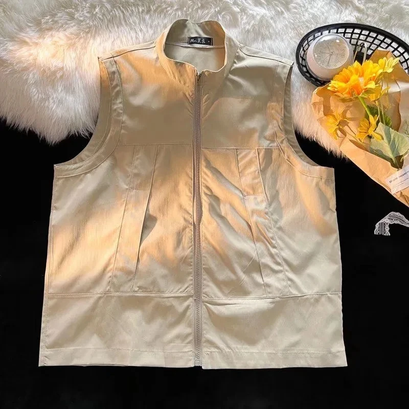 

Vintage Vest Jacket Men Clothing Solid Loose Sleeveless Cargo Gilet Summer High Street Stand Collar Casual Male Waistcoat