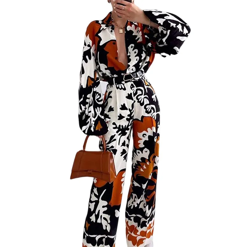 Fashions Printed Two Piece Set Women 2024 Autumn New Pant Sets Lapel Long Sleeve Shirts High Waist Wide Leg Pants Suits Casual