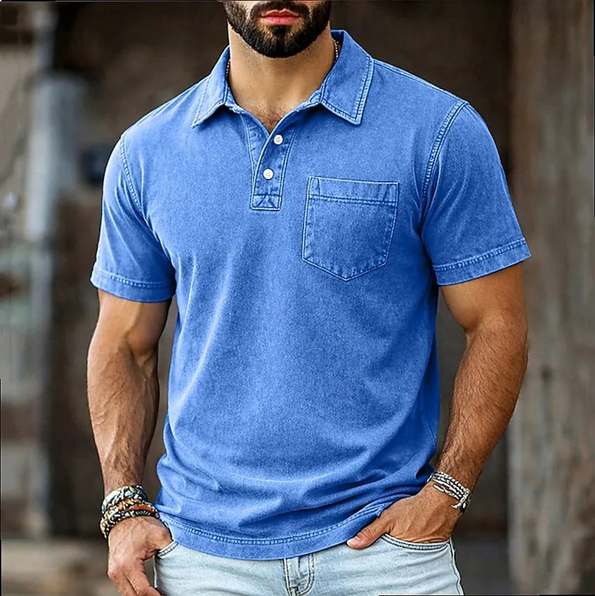 Men's Polo Shirt Casual Button Down Short Sleeve Tee Shirts Vintage Pocket Cotton Blouse Top Spring Summer