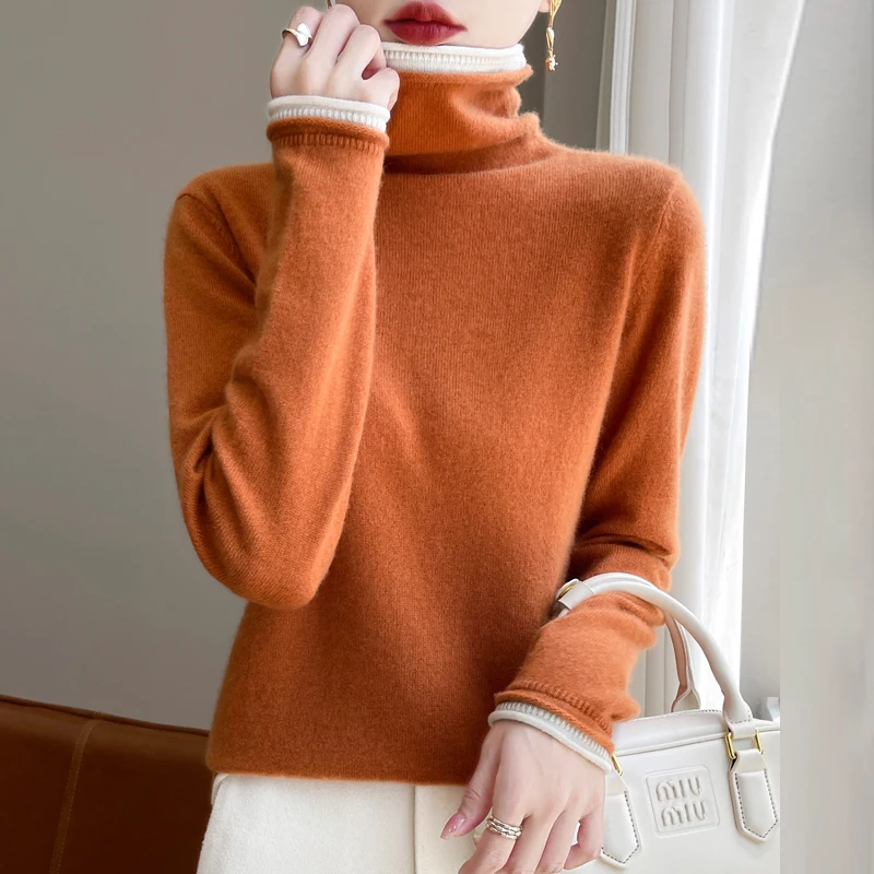 24 Autumn and winter new 100% Merino wool pile collar knitted bottom female white edge false two turtleneck loose pullover sweat