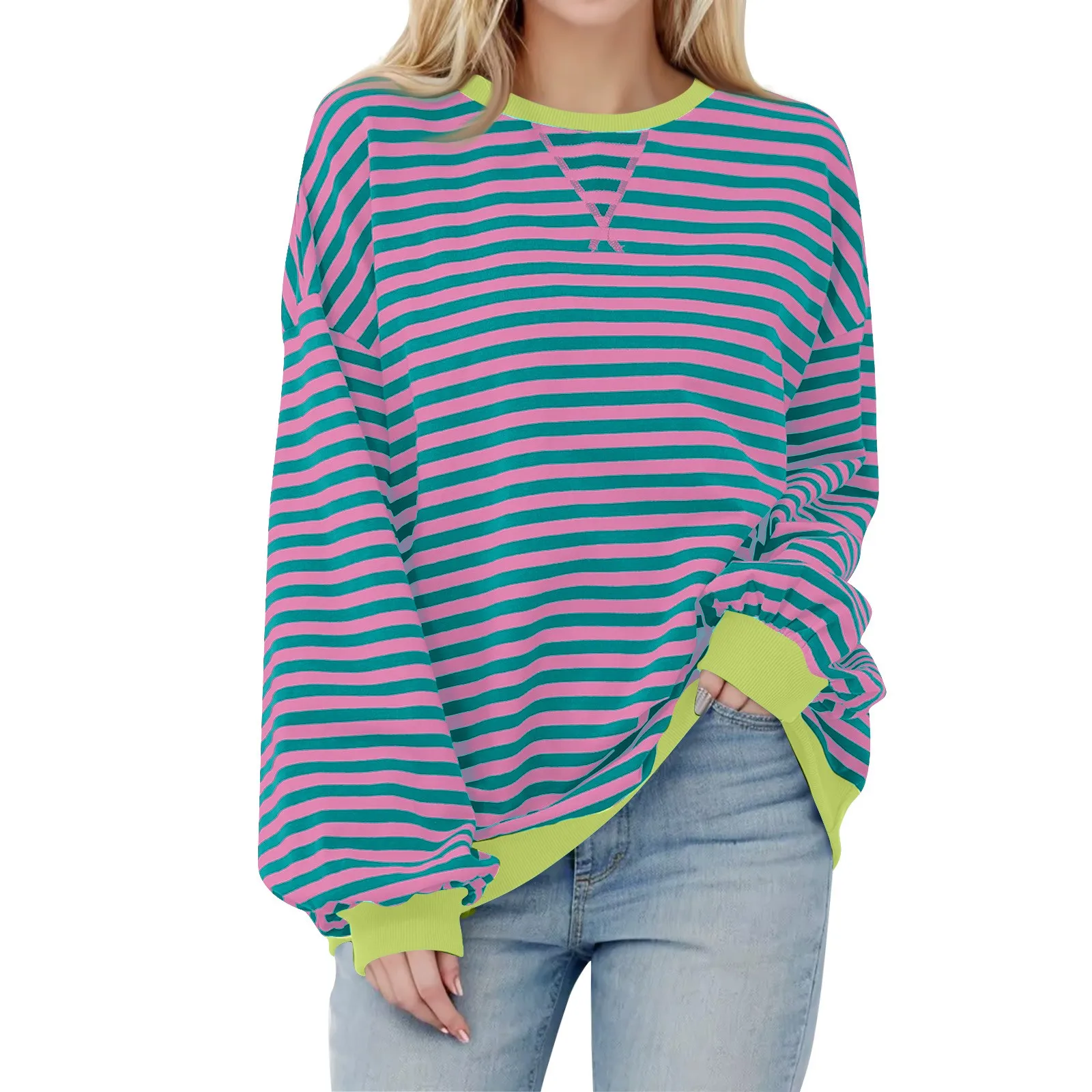 2024 new Women\'s Oversized Striped Color Blocking Long Sleeved Round Neck Sports Shirt Casual Loose Fitting Pullover Shirt Top