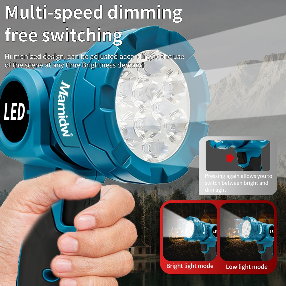 Mamidw Cordless LED flashlight outdoor handheld spotlight rechargeable lantern work light suitable for Makita 18V battery