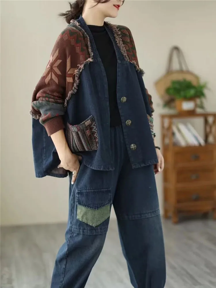 

2025 Autumn Womens Fashion Loose Knitted Patchwork Denim Jackets Ladies Printed Vintage Leisure Coats Punk Streetwear