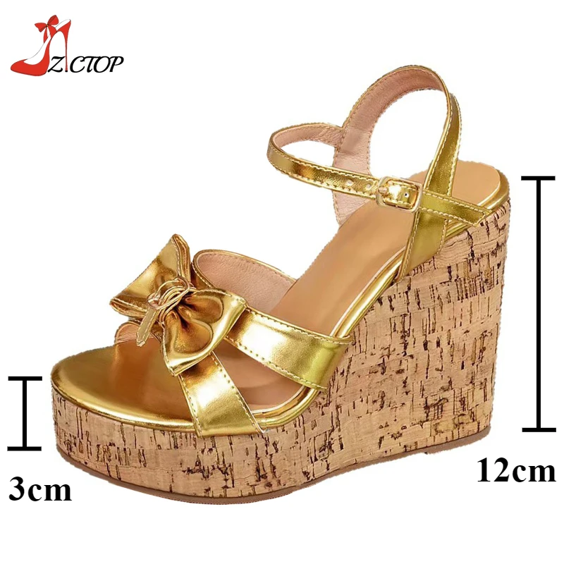 Summer New Peep Toe Bowknot Wedge Heels Women Platform Ankle Strap High Heeled Sandals Gold Party Shoes