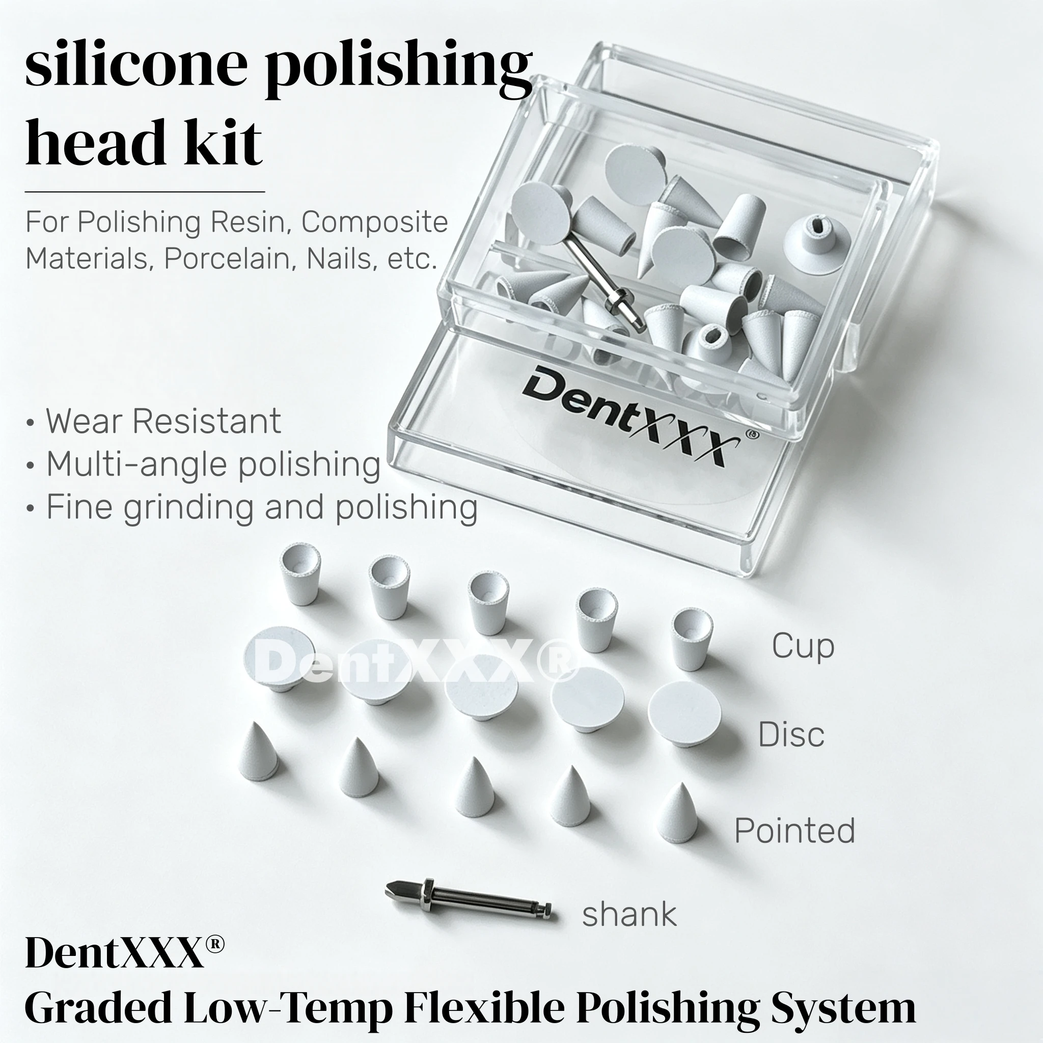 Silicone Polishers with Silicone Carbide Particles for Finishing and Polishing Composite Restorations. Includes Polishing Cups